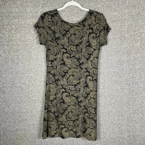 VTG All That Jazz Slinky Knit Black Gold Paisley Short Sleeve Shift Dress Size M - Picture 6 of 9